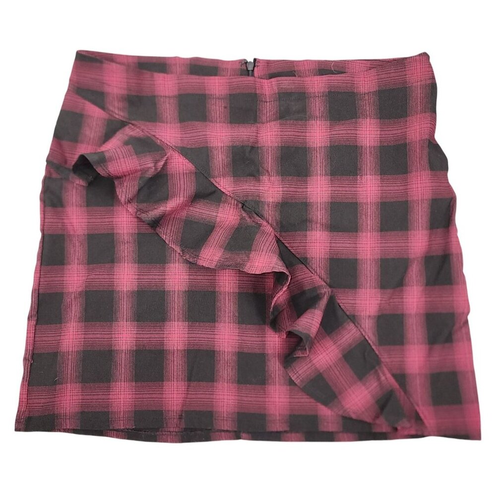 Women's Mossimo Supply Co Red Black Plaid Ruffle Skirt Size 14 Stretch Fitted
